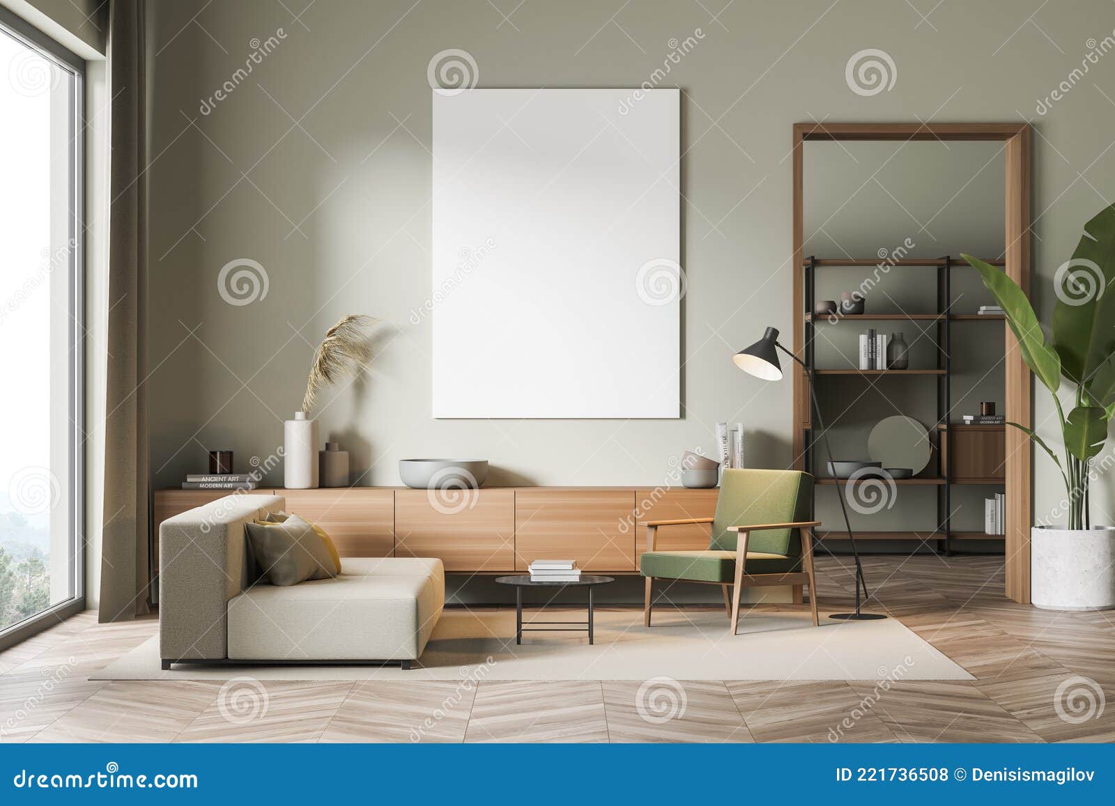 Light Living Room Interior with Armchair and Sofa Near Window, Mockup ...