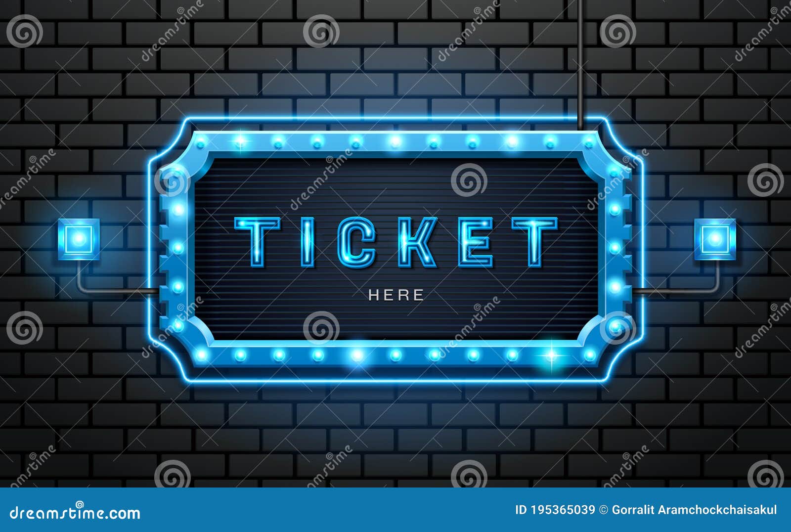 Light Neon Sign Ticket on Brick Wall Background Stock Vector