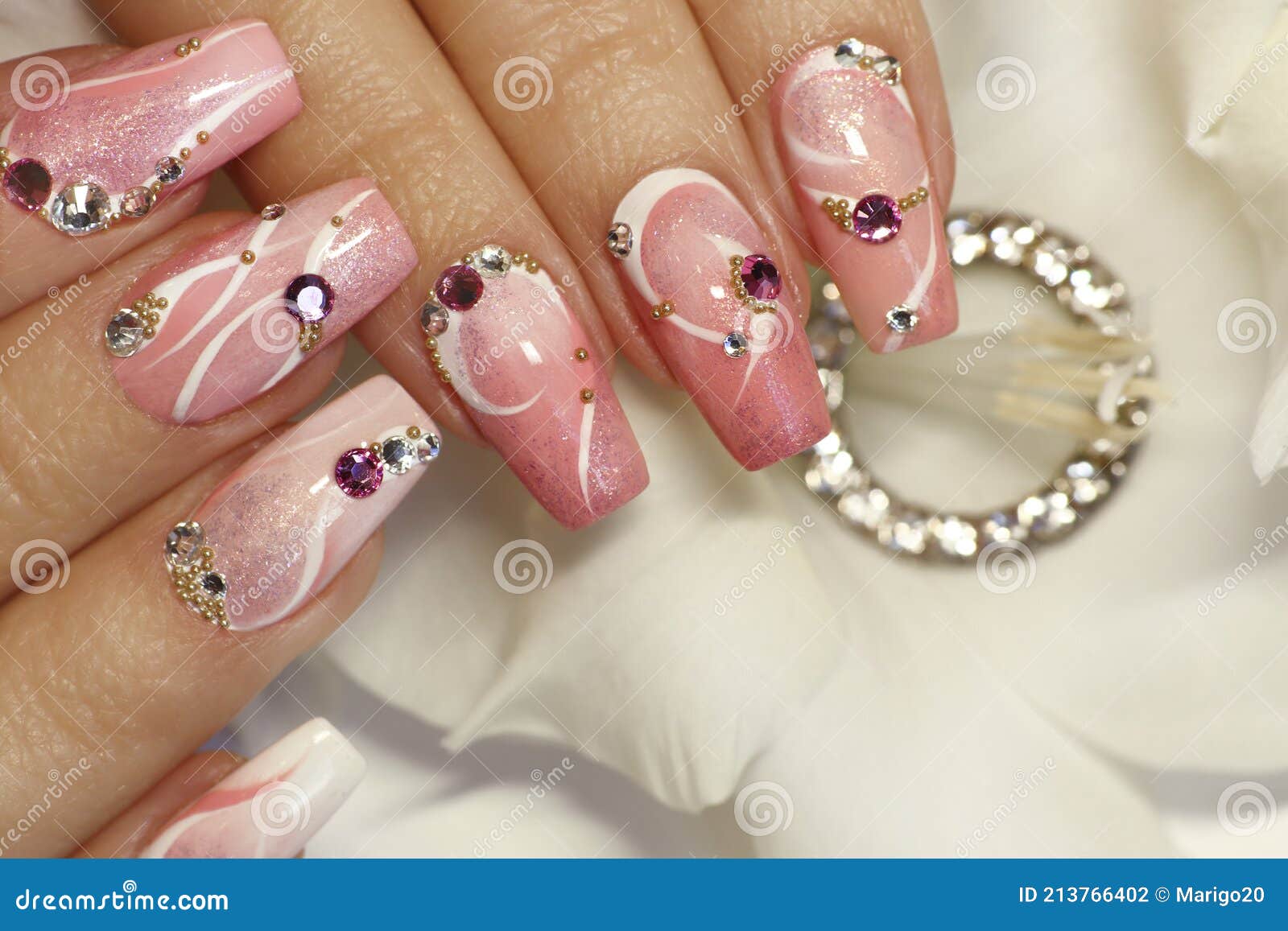 Light Pink Nail Design with White Lines, Rhinestones, Glitter. Stock Photo  - Image of manicure, design: 213766402