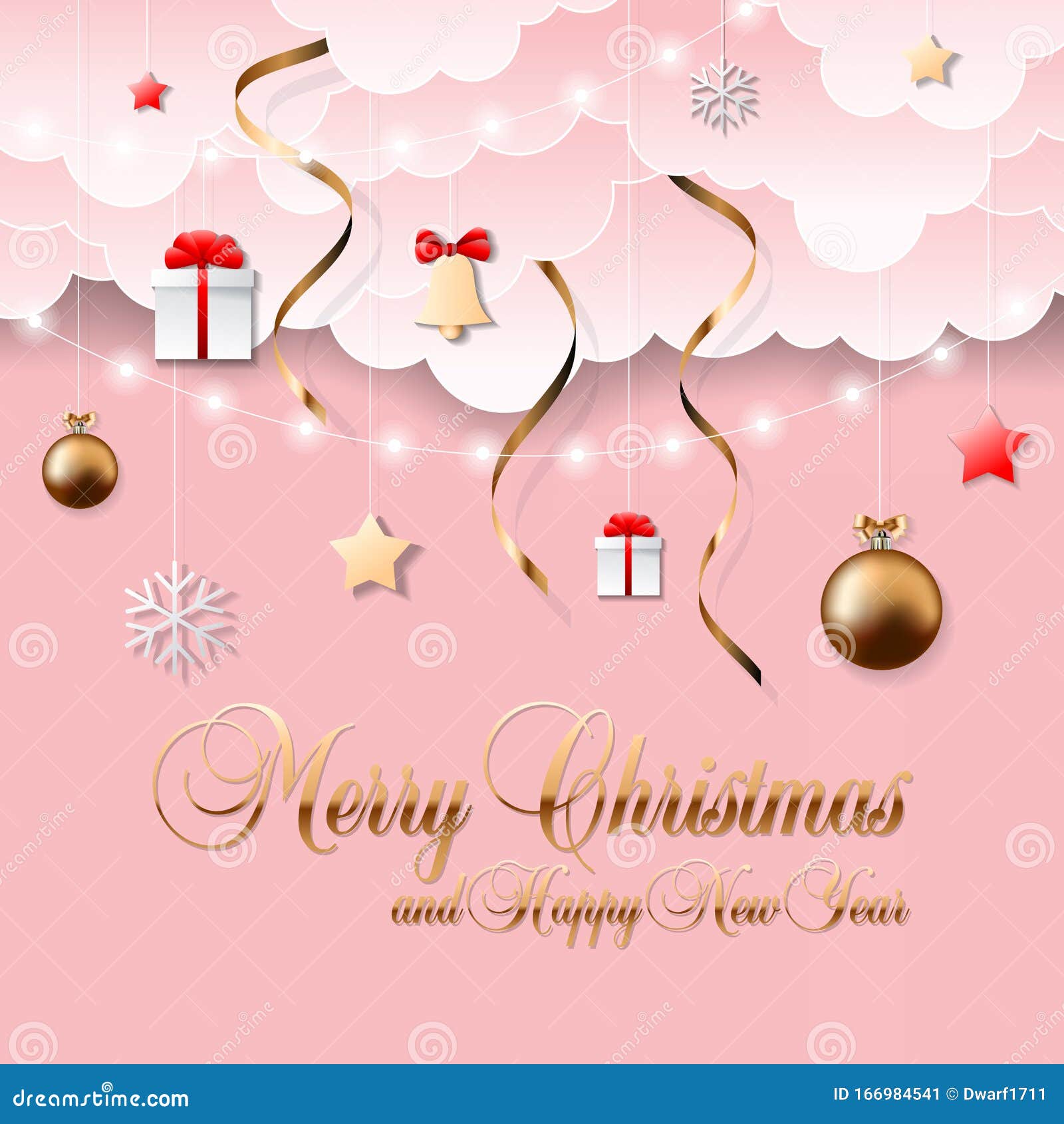 Light pink square vector template of banner or social media Merry Christmas and Happy New Year post. Clouds, gifts, bells, serpentine, snowflakes, stars and balls.