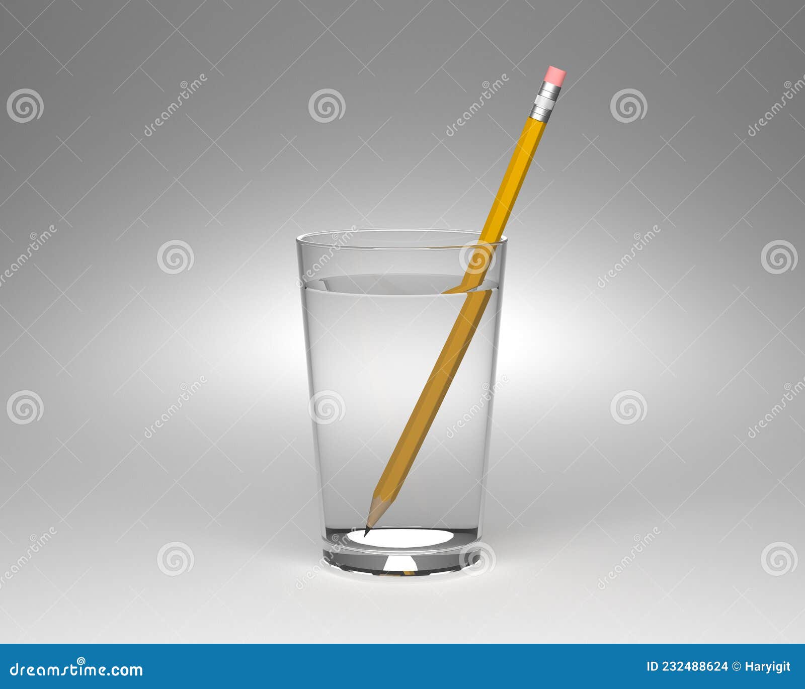 light refraction experiment in a glass of water. 3d rendering.