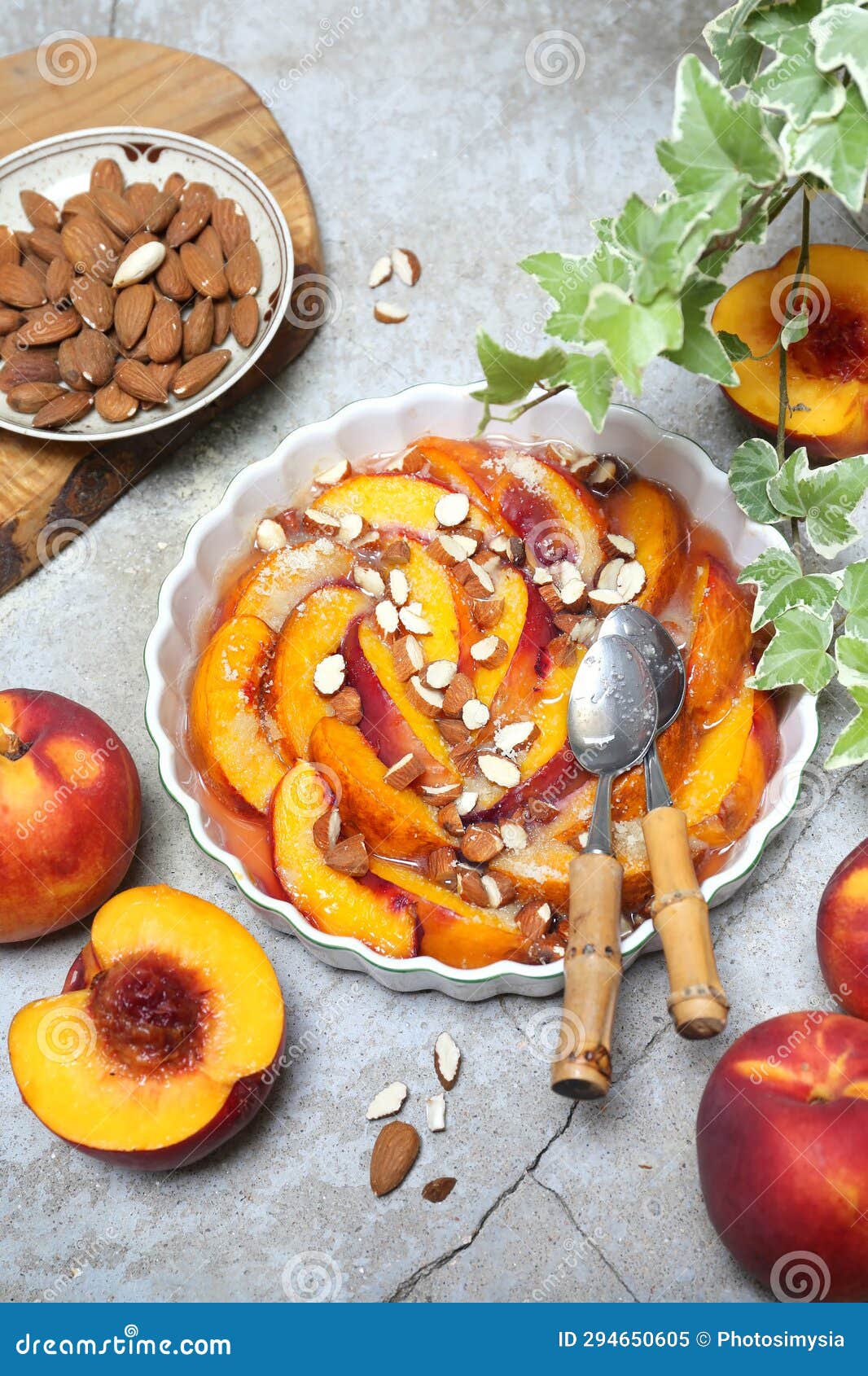 Light Summer Dessert. Caramelized Nectarines with Almonds Stock Image Image of caramelized