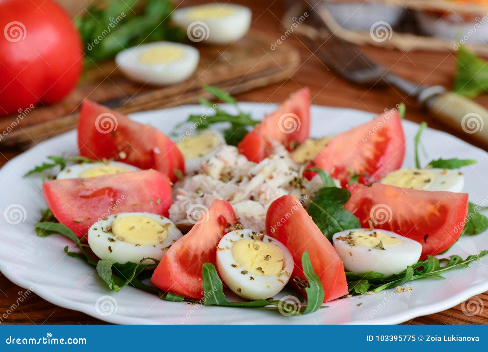 Light Vegetable Chicken Salad Idea For Lunch Or Dinner Salad With Fresh Tomatoes Rocket Quail Eggs Chicken Fillet And Spices Stock Image Image Of Dressing Cherry 103395775