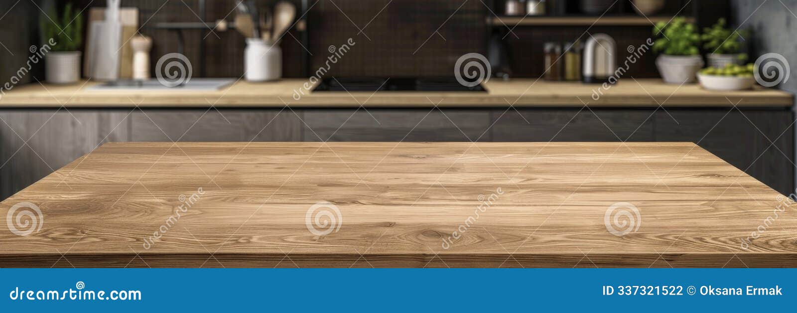 light wood table on blurred kitchen background, modern wooden table mockup for montage product