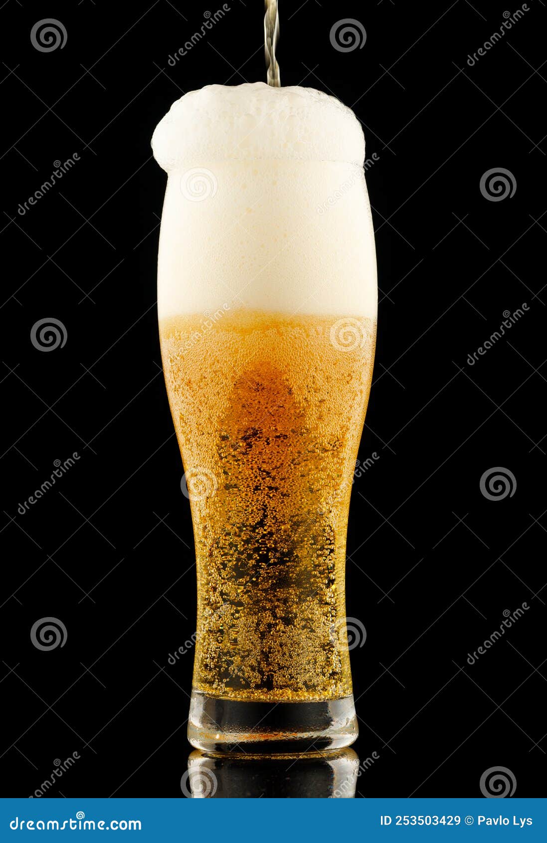 Light Yellow Beer with Foam in a Glass Black Background Stock Image