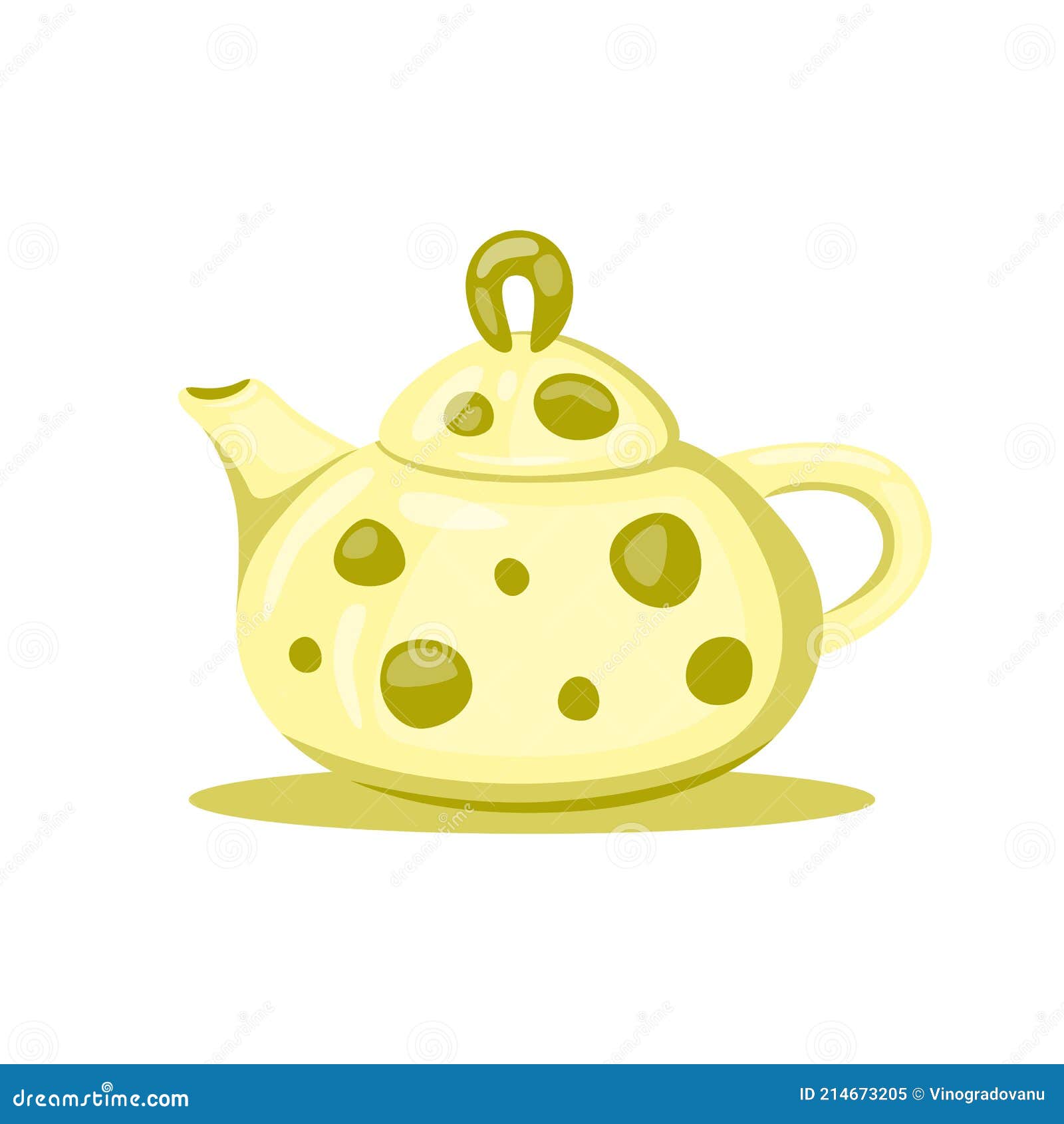Light Yellow Ceramic Teapot with Gold Pattern Spots. Tea, Kettle