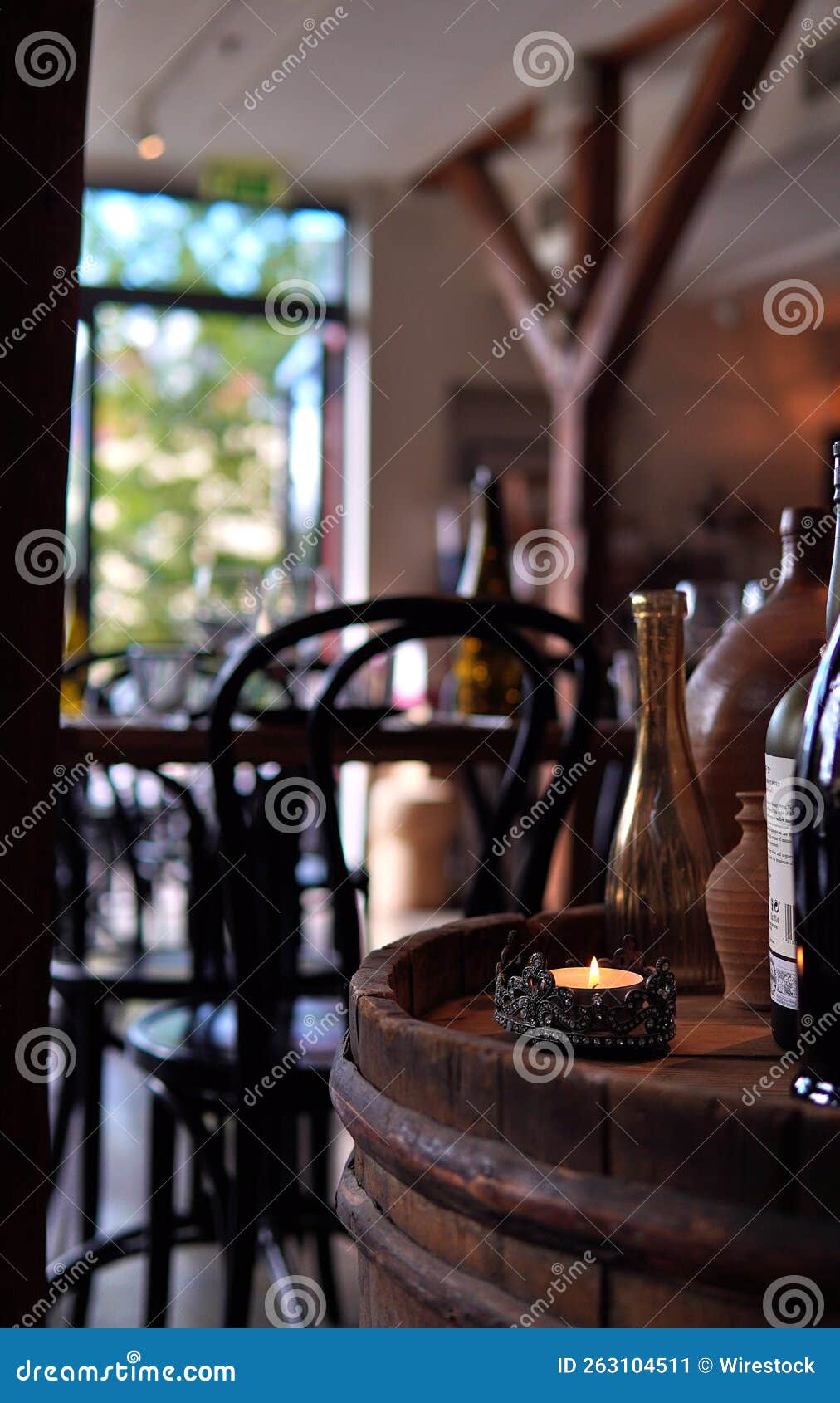 Lighted Candle on a Wooden Barrel in the Restaurant Stock Image Image