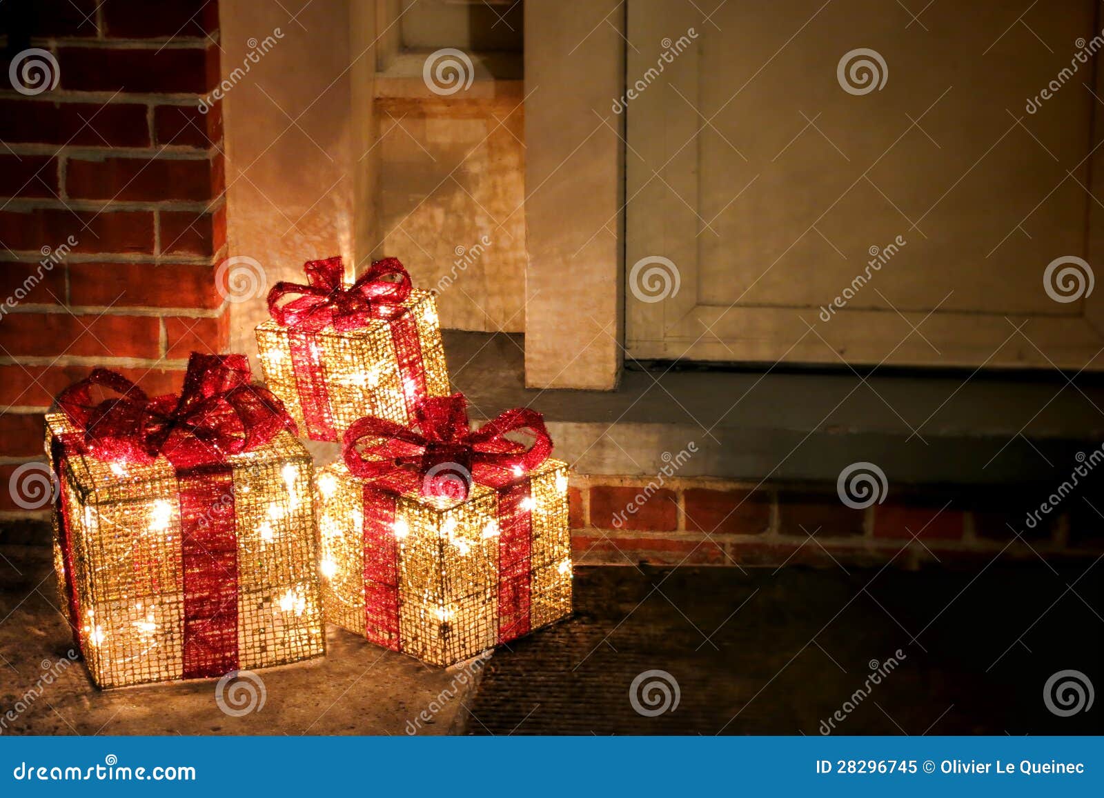 Lighted Decorated Christmas Gifts Boxes At Doorway Royalty 