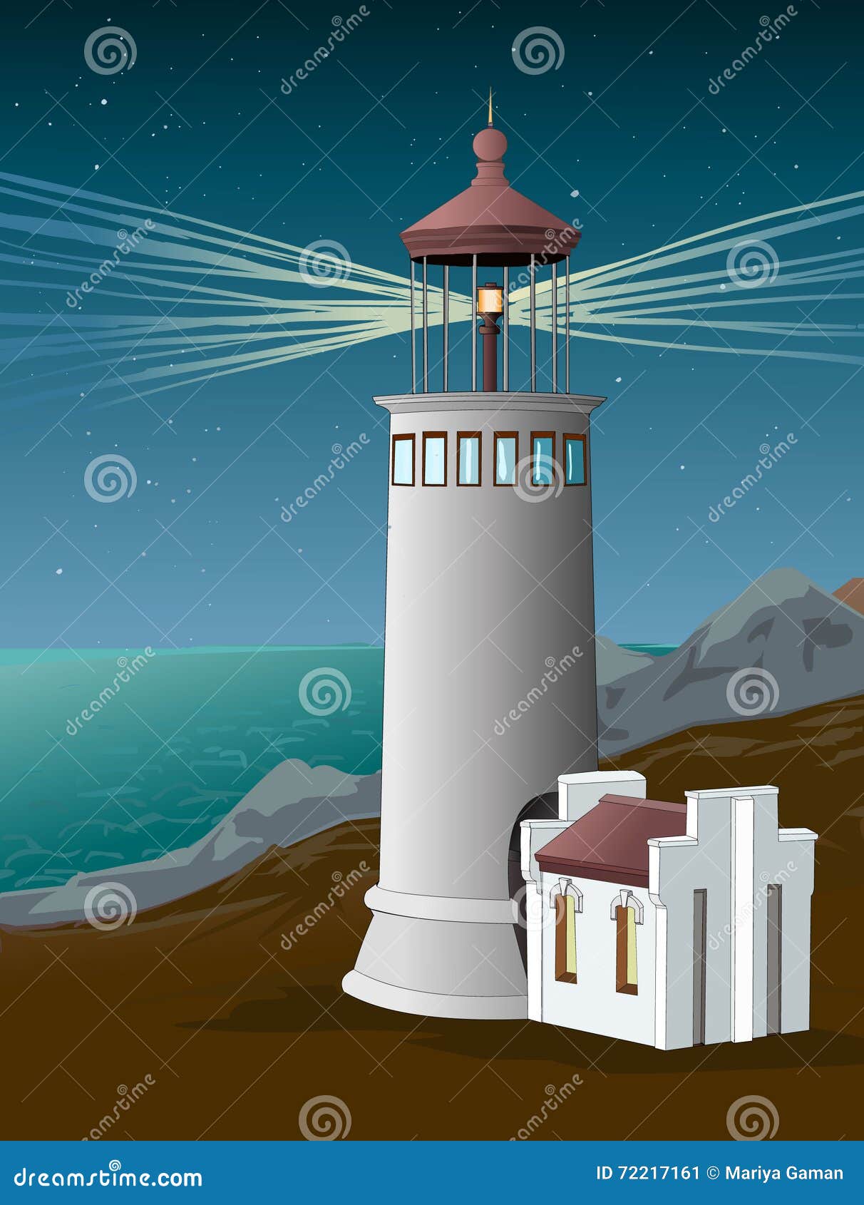 Lighthouse on the Coast. Light Beacon in the Night. Starry Sky