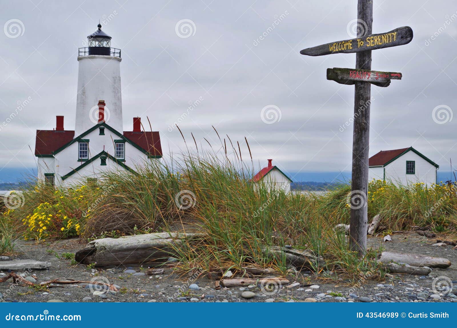 lighthouse with fun signs serenity and reality