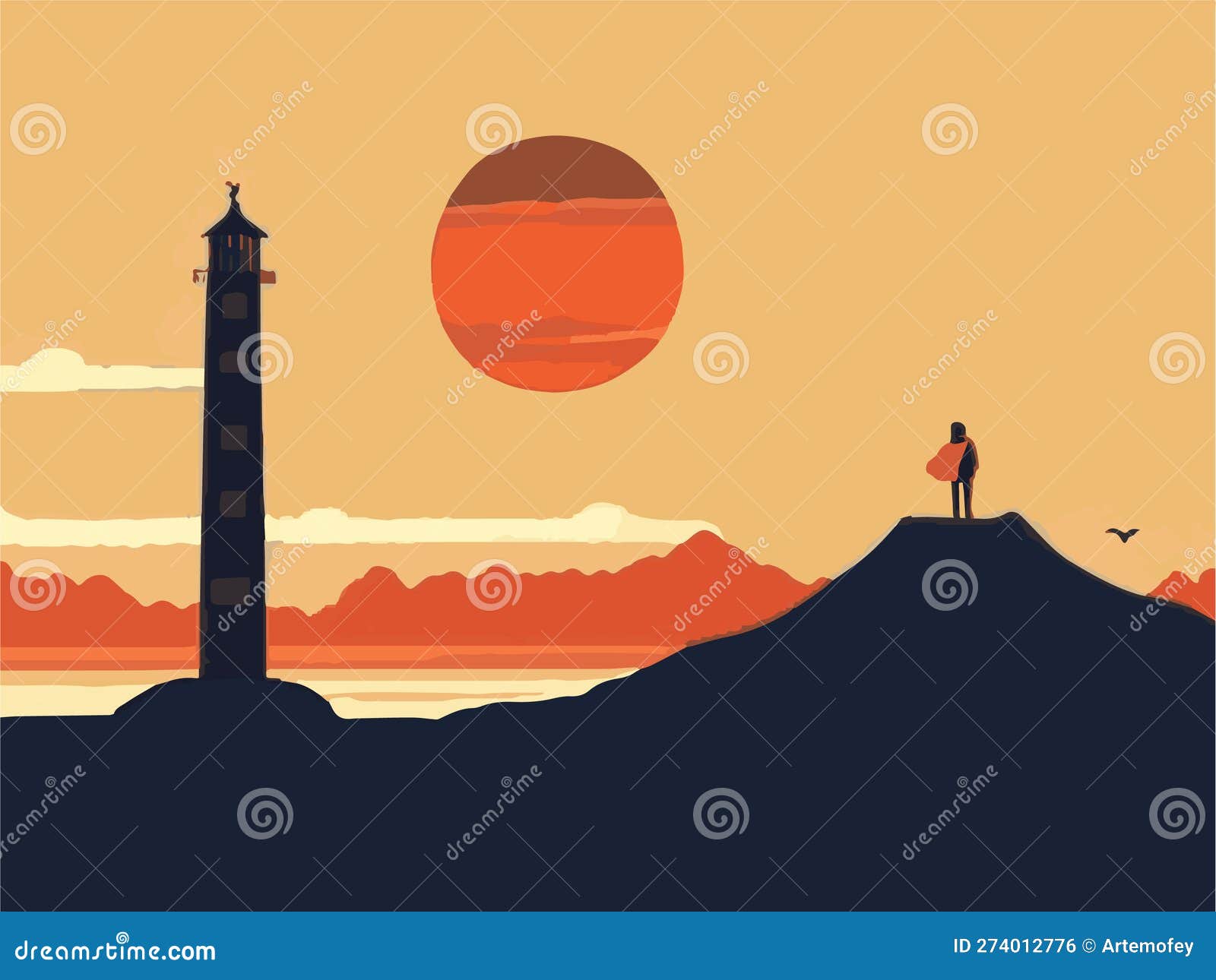 lighthouse, hill, sunset and cloudy in the sky