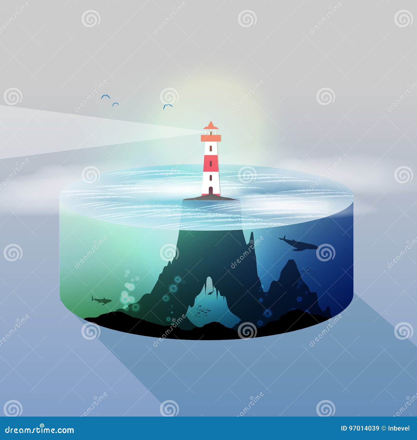 Lighthouse Island Water Slice and Underwater View Vector Illus Stock
