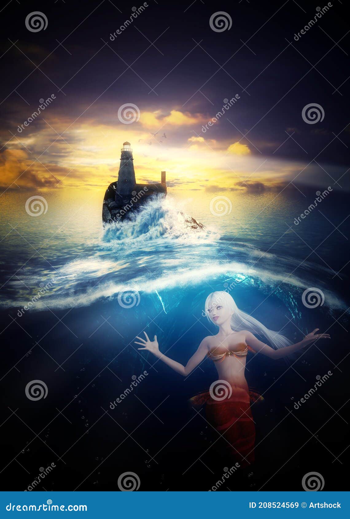 Lighthouse with Mermaid Underwater Scene Stock Illustration