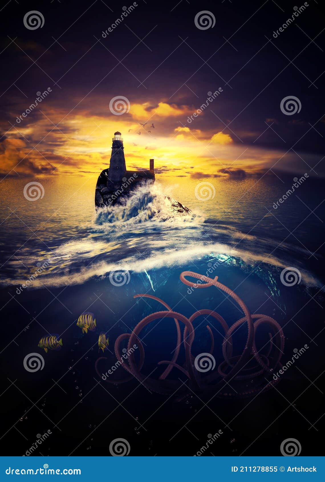 Lighthouse with Octopus Underwater Scene Stock Illustration
