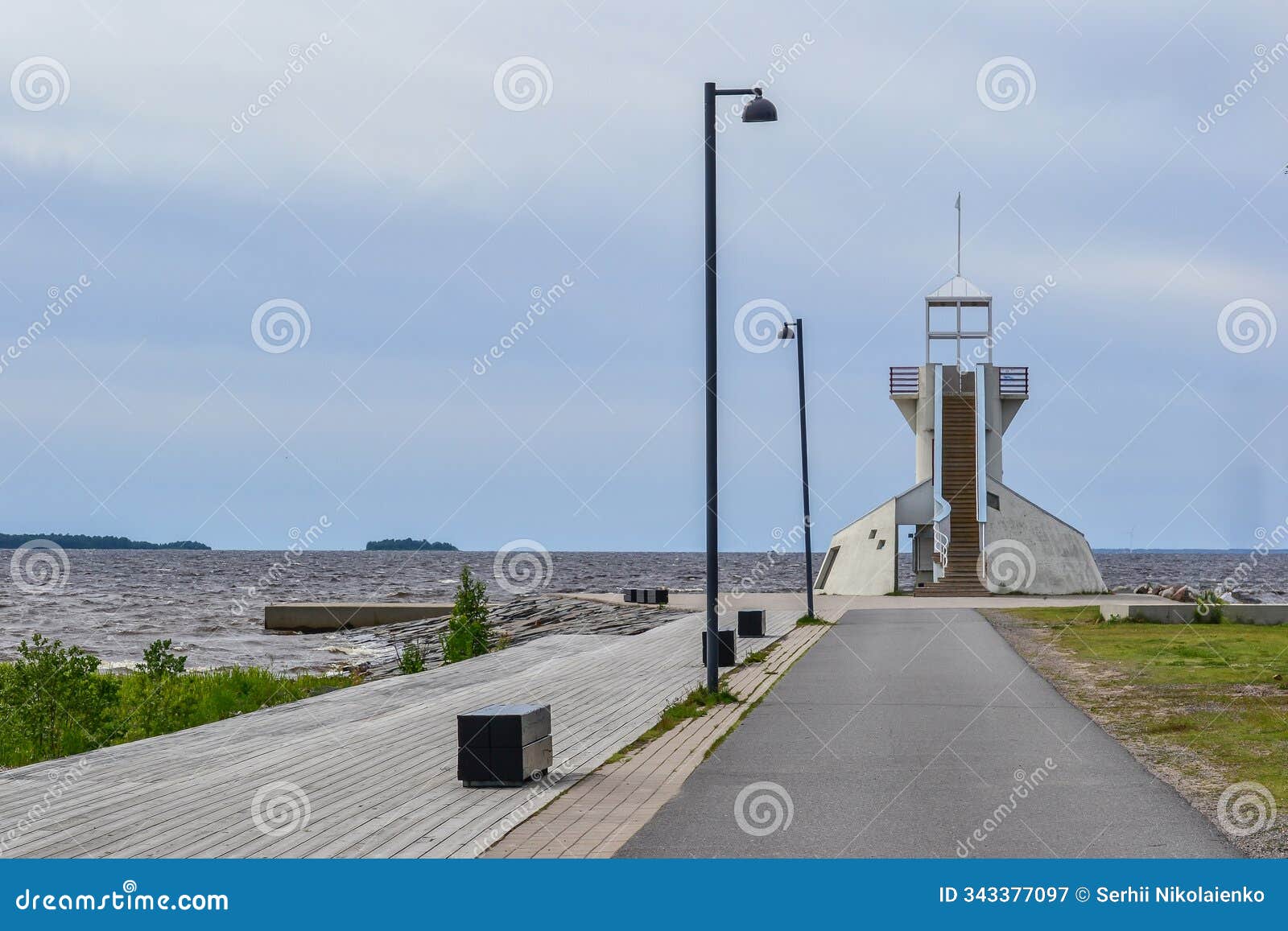 lighthouse on the sandy beach of nalikari in oulu, finland. the local landmark is also used as an observation tower for tourists.