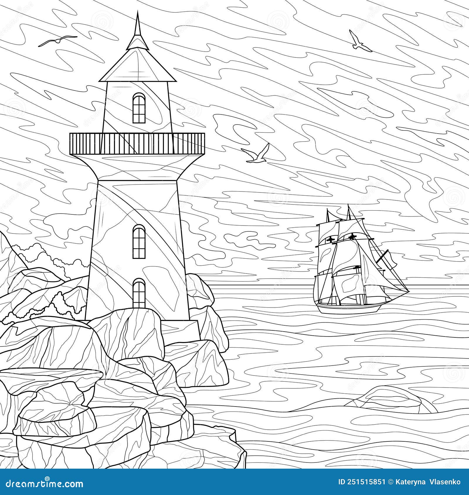 Lighthouse. Coloring Book Page For Adults Or Children Cartoon Vector ...