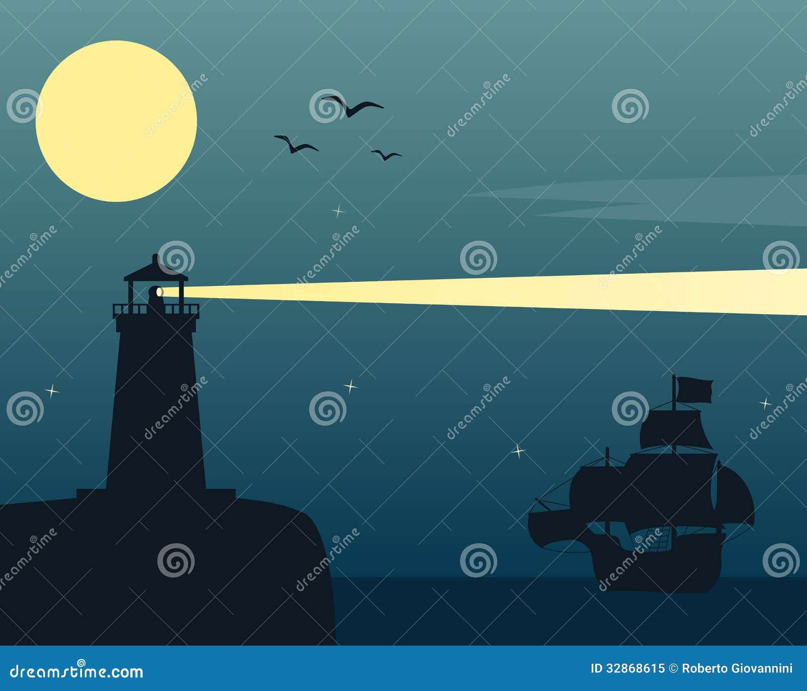 lighthouse and ship in the moonlight stock vector