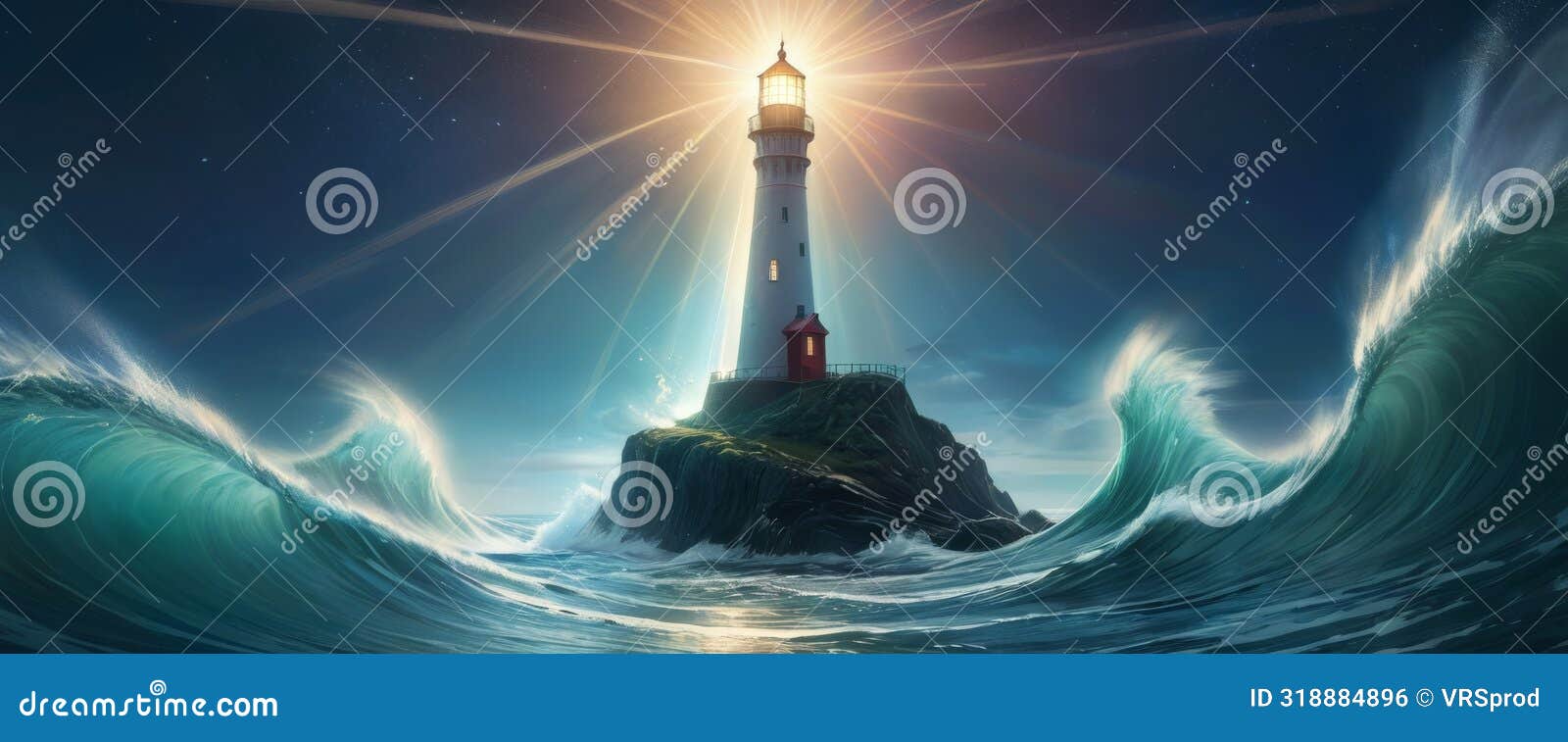 lighthouse in stormy sea with giant waves