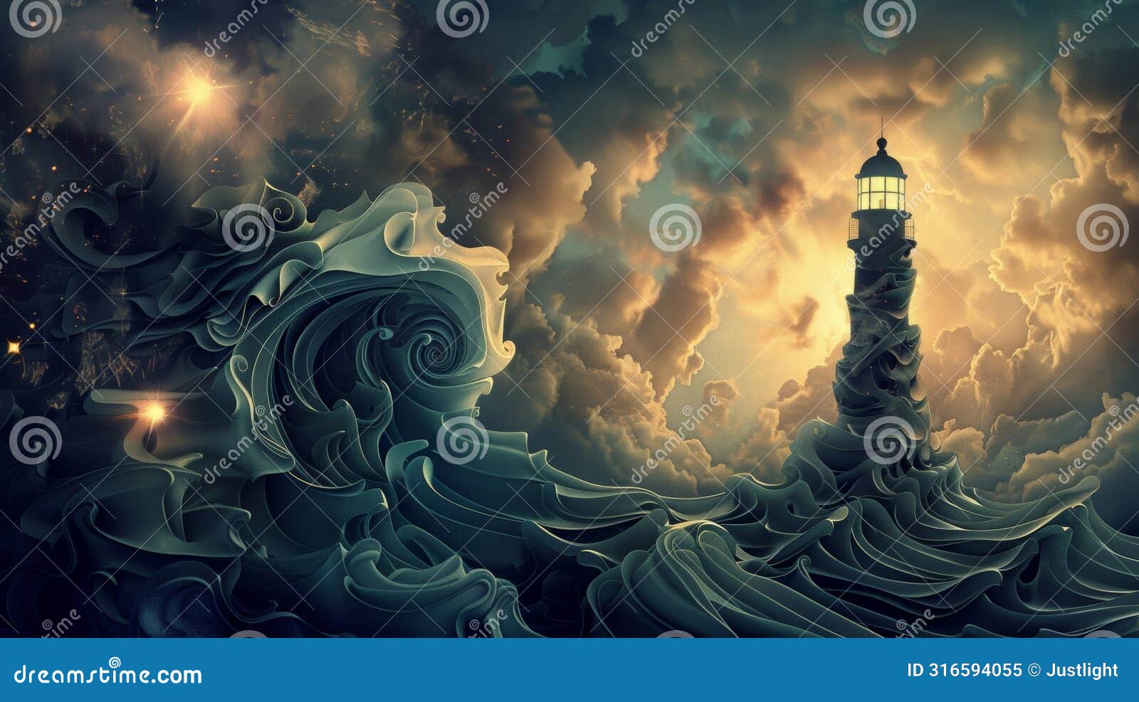 a lighthouse surrounded by swirling waves and geometric s displaying the power and regularity of tides.