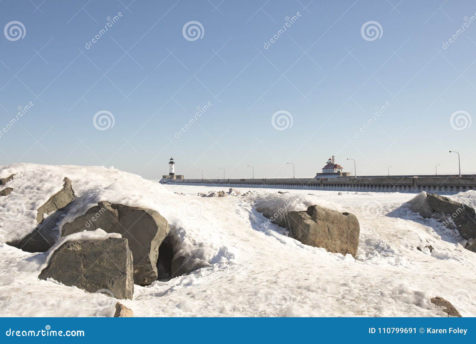 Lighthouses On Frozen Lake Superior Waterfront Duluth Minnesota