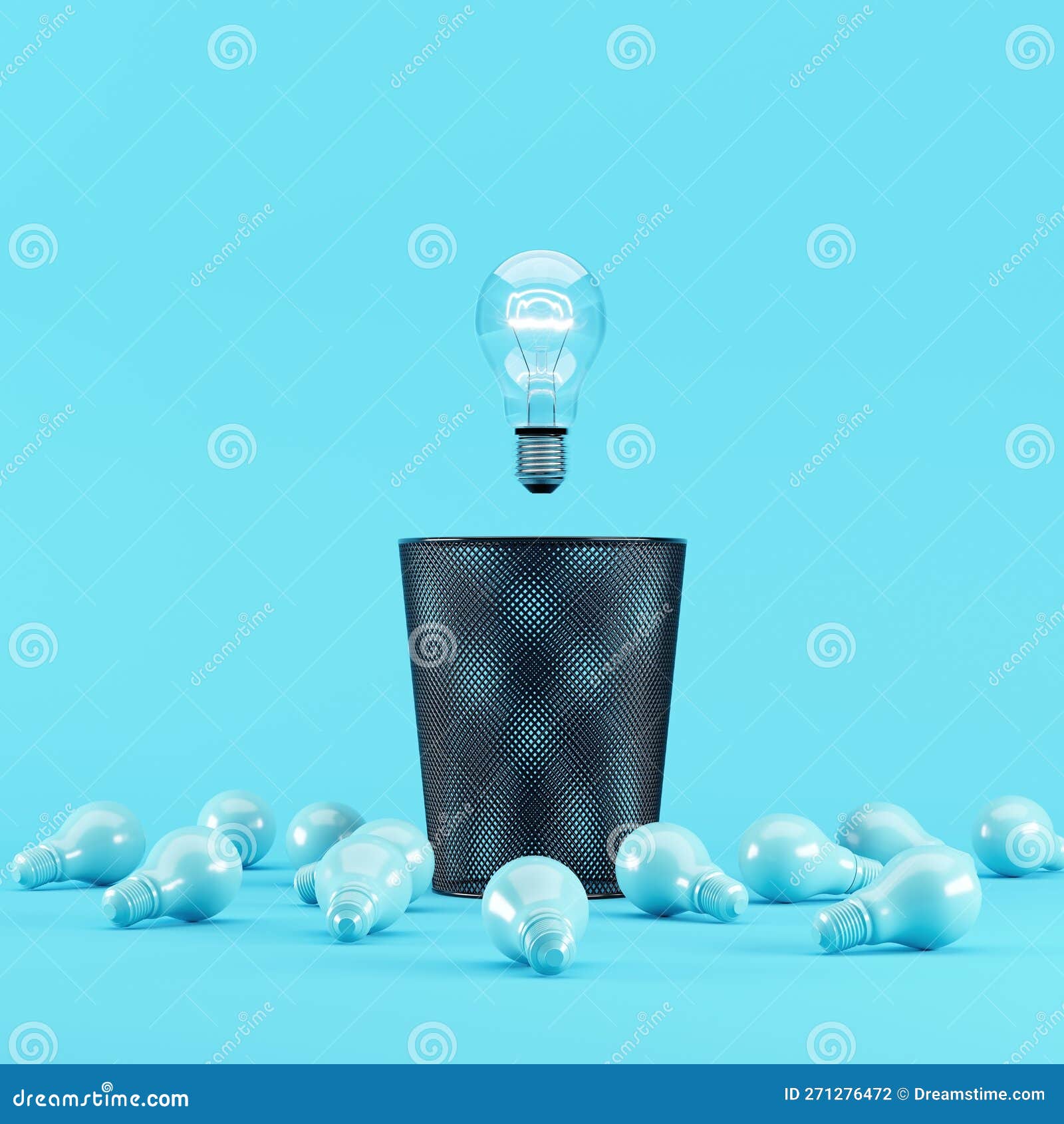 Lighting Bulb Floating on Bin Trash with Blue Light Bulbs Placed on a Blue Background. 3D Render