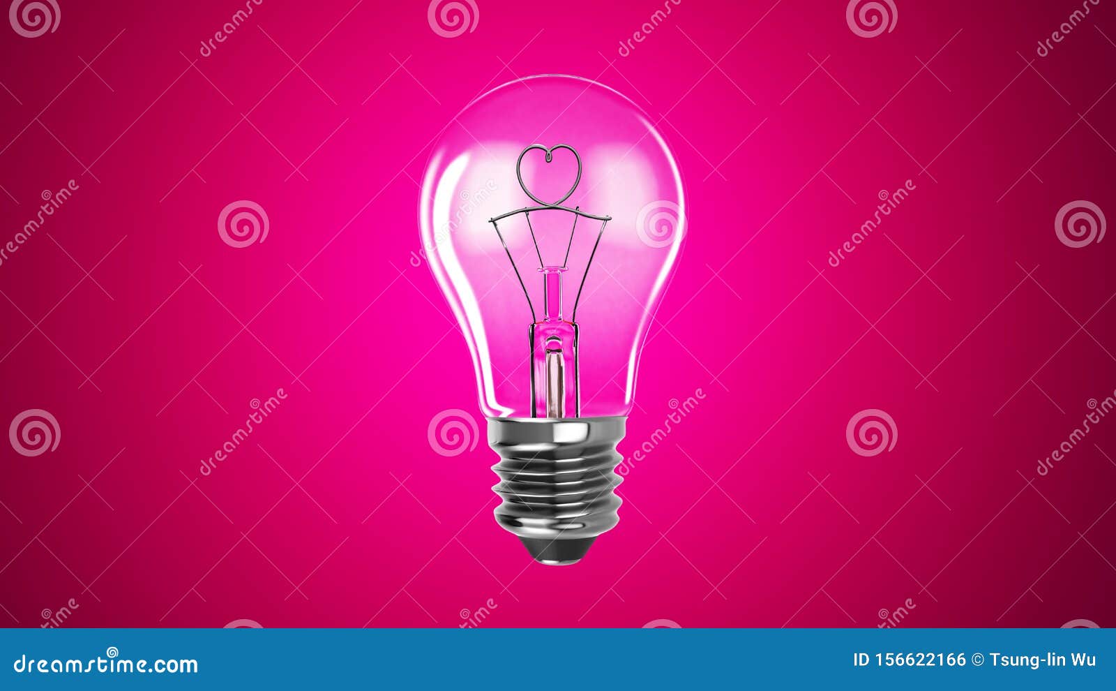 Lighting Bulb Lamp Heart Shape on Pink Background, 3D Rendering Stock