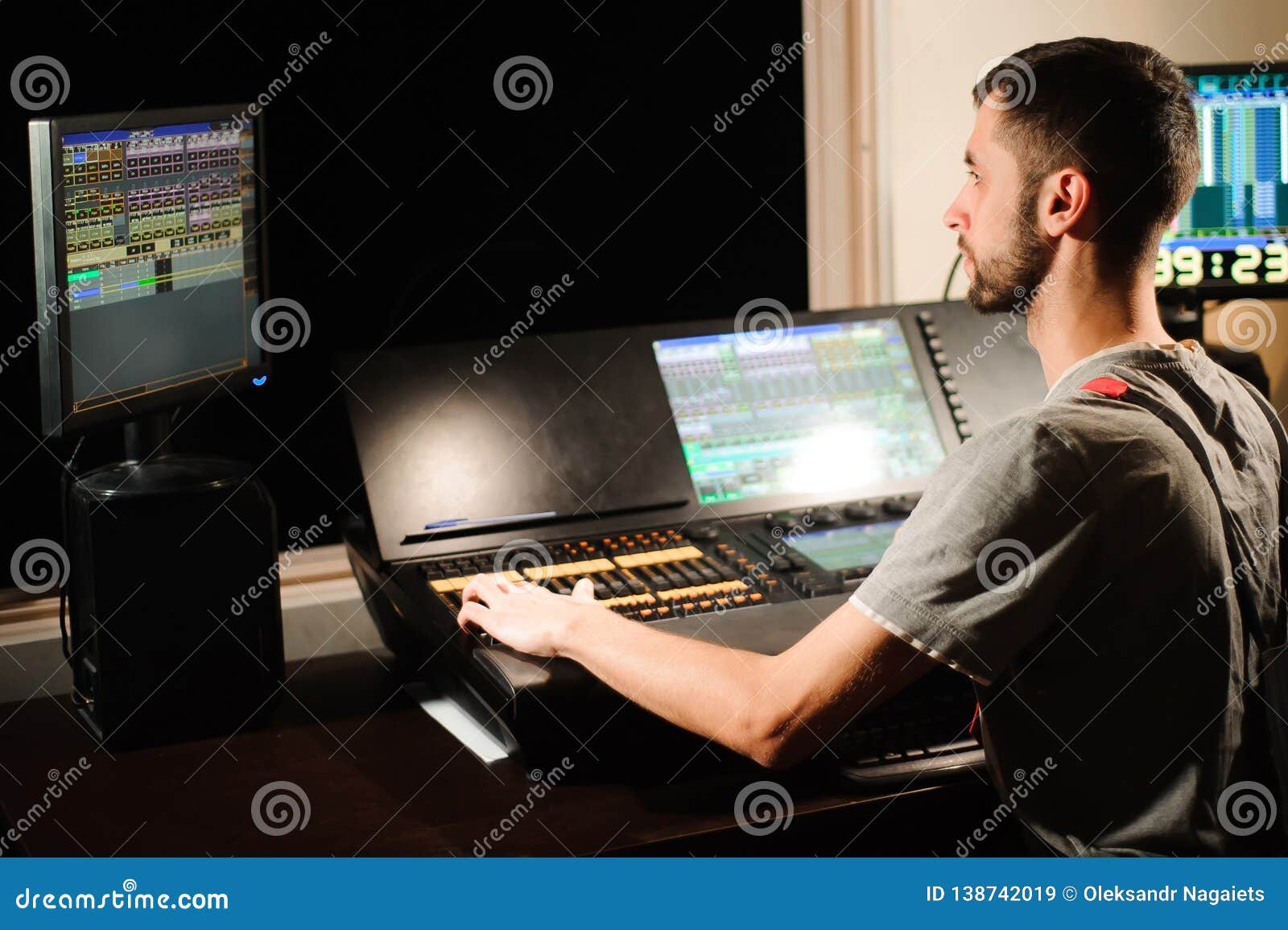 A Lighting Engineer with Lights Technicians Control Stock Image - Image of background, desk: 138742019