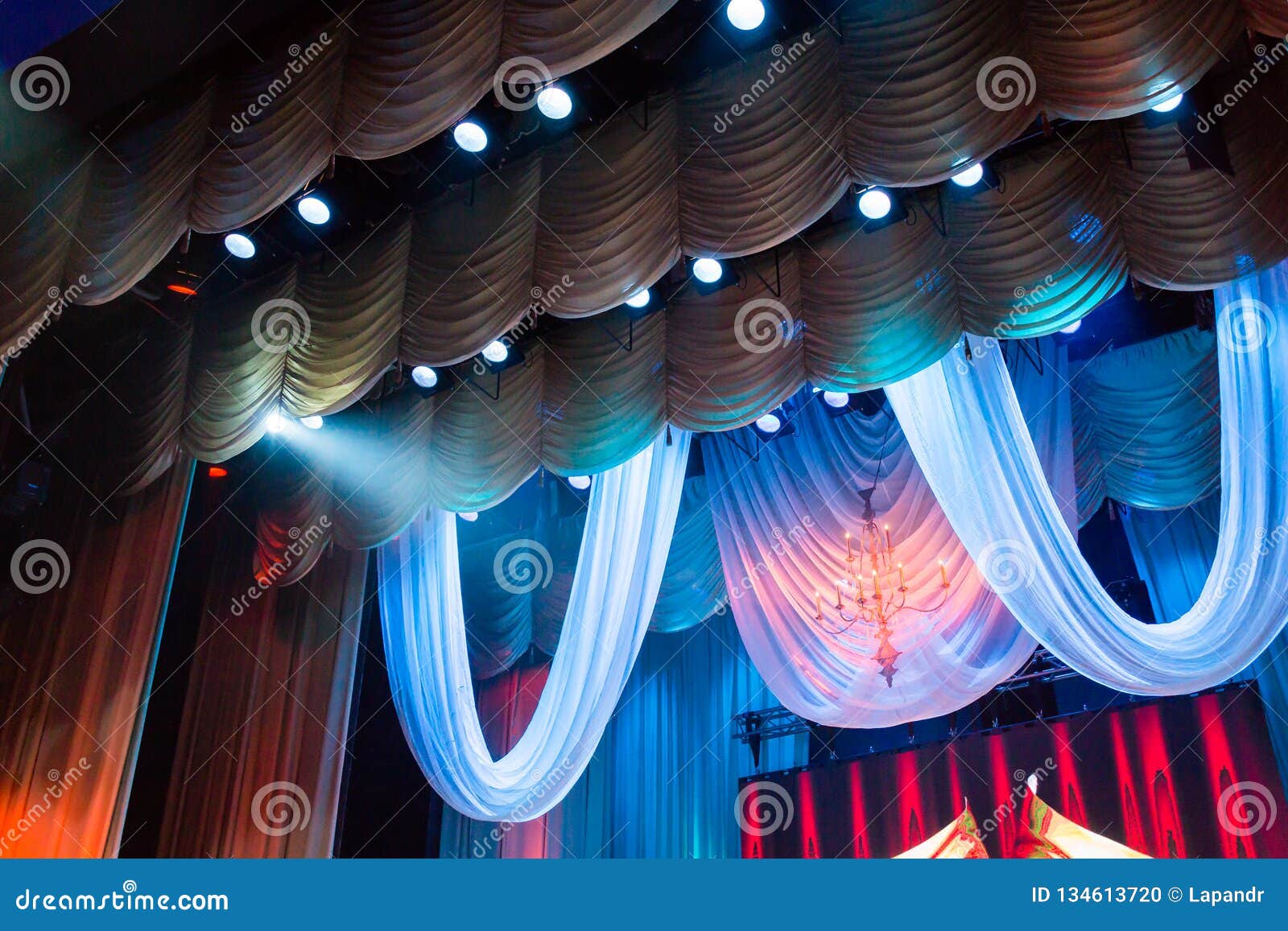 Lighting Equipment and Scenery in the Theater on Stage Stock Photo