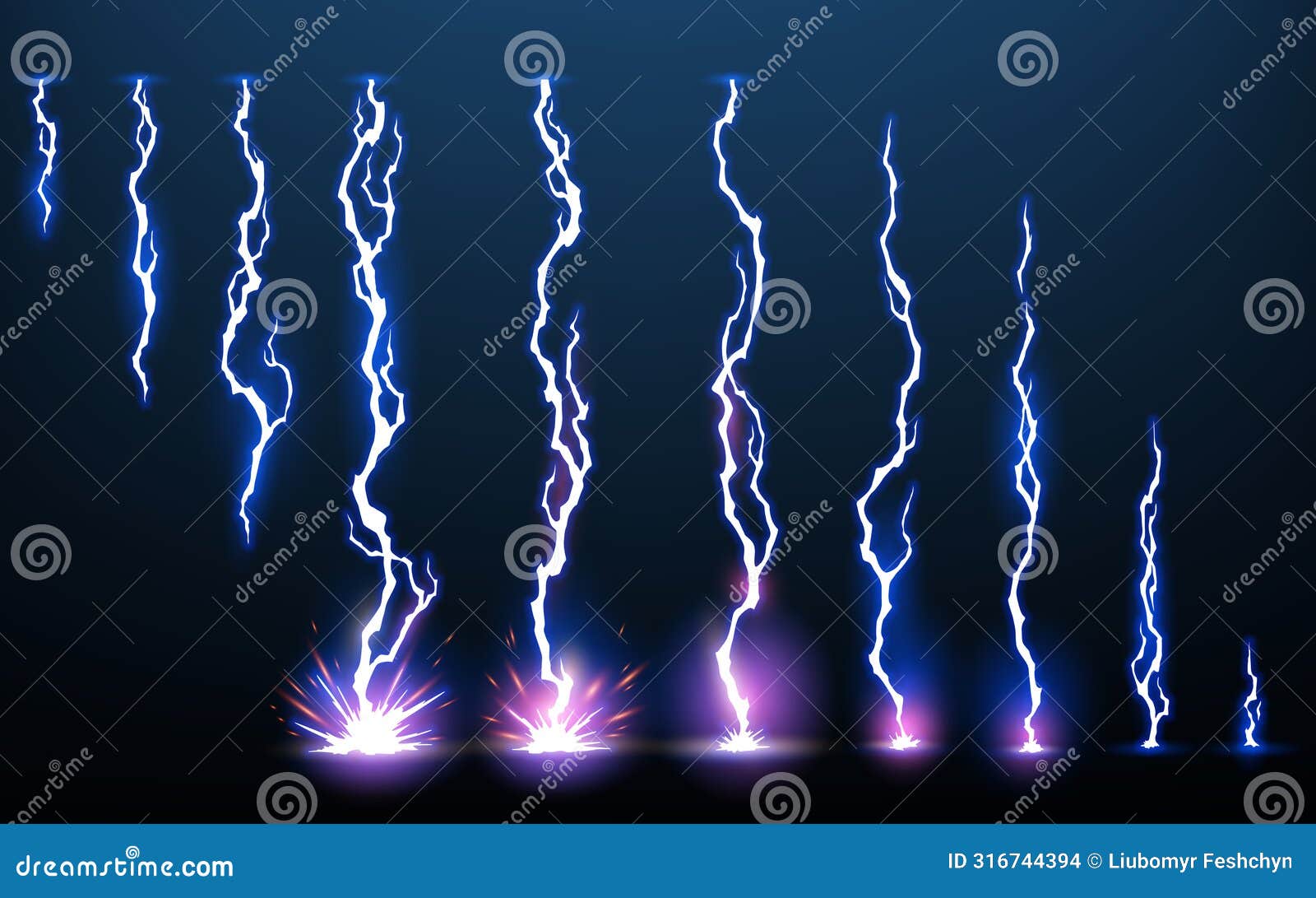 lightning animation set with sparks. electricity thunderbolt danger, light electric powerful thunder. bright energy