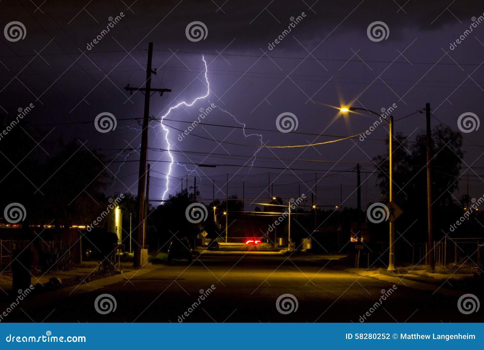 lightning in the barrio neighborhood in tucson arizona at night time