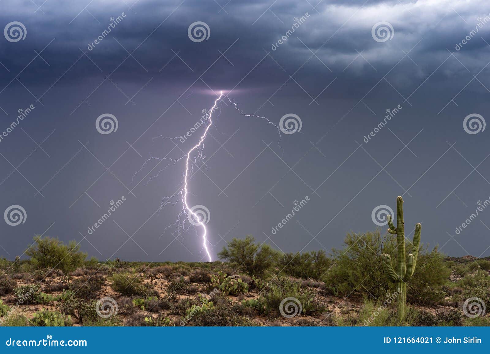 lightning bolt strikes in a monsoon thunderstorm over the arizona desert.