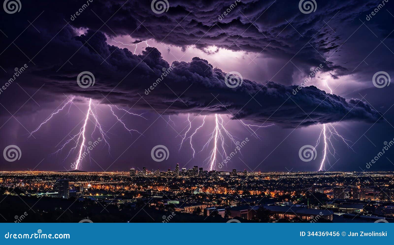 lightning bolts striking the cityscape, fierce energy unleashed