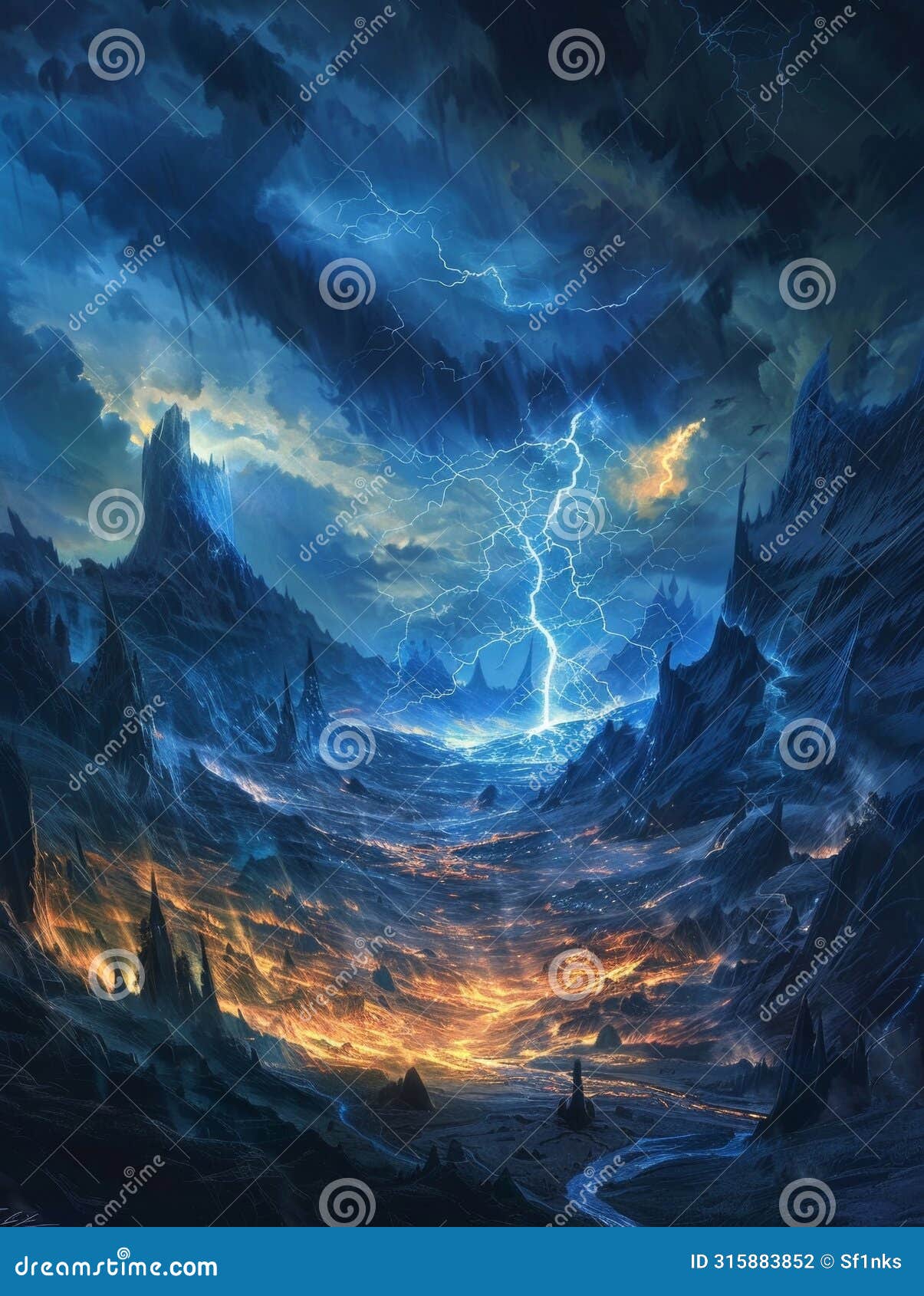 lightning etches the sky in a twilight turmoil over a forsaken, flame-lit landscape. 3d rendering colored lightning
