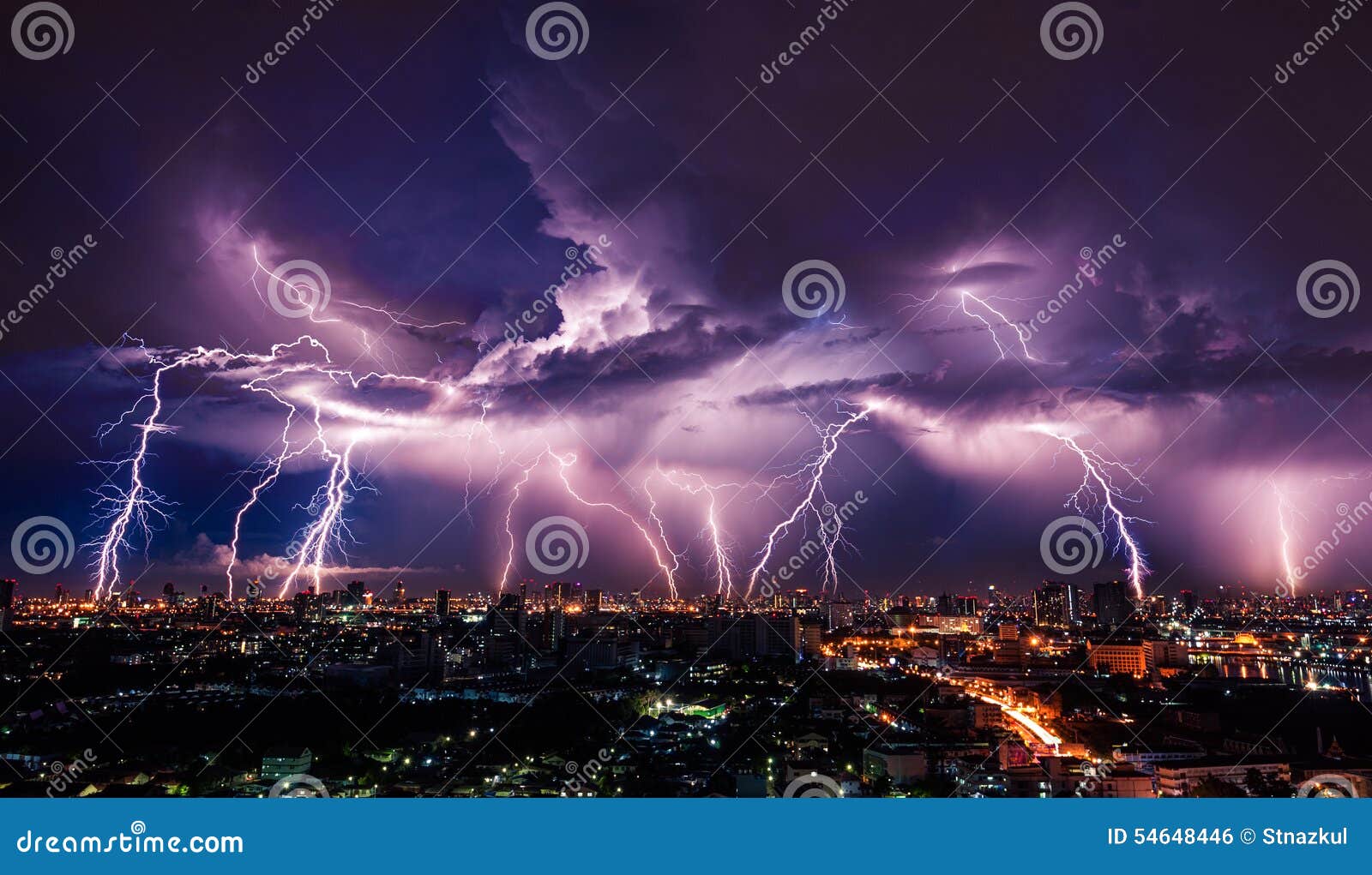 lightning storm over city