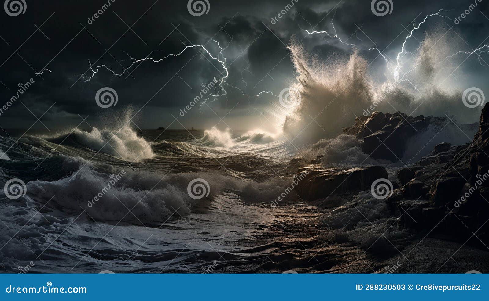 Lightning And Stormy Seas Ominous Clouds Weather Stock Illustration