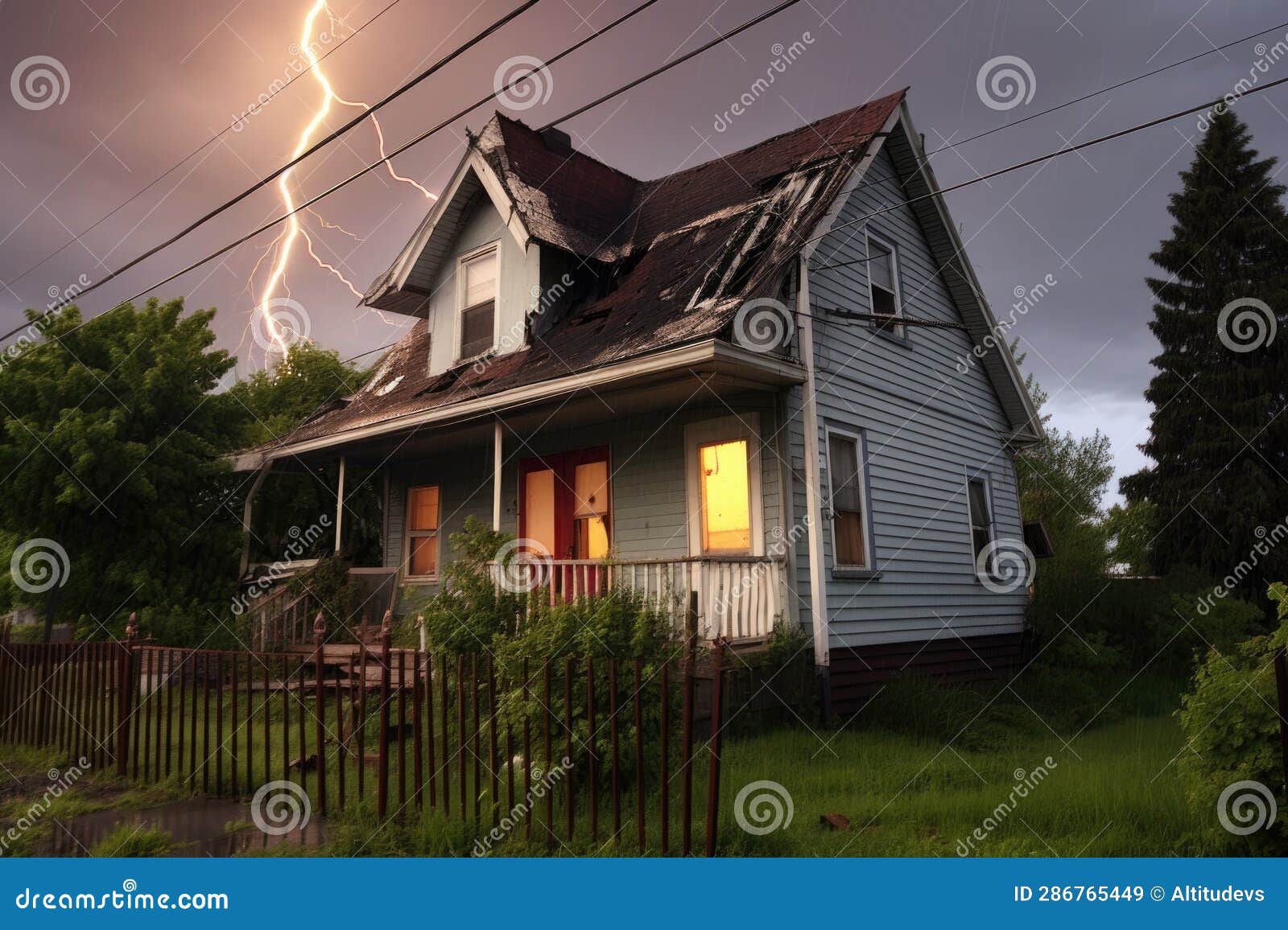 Lightning Strike Damage on a House Roof Stock Illustration