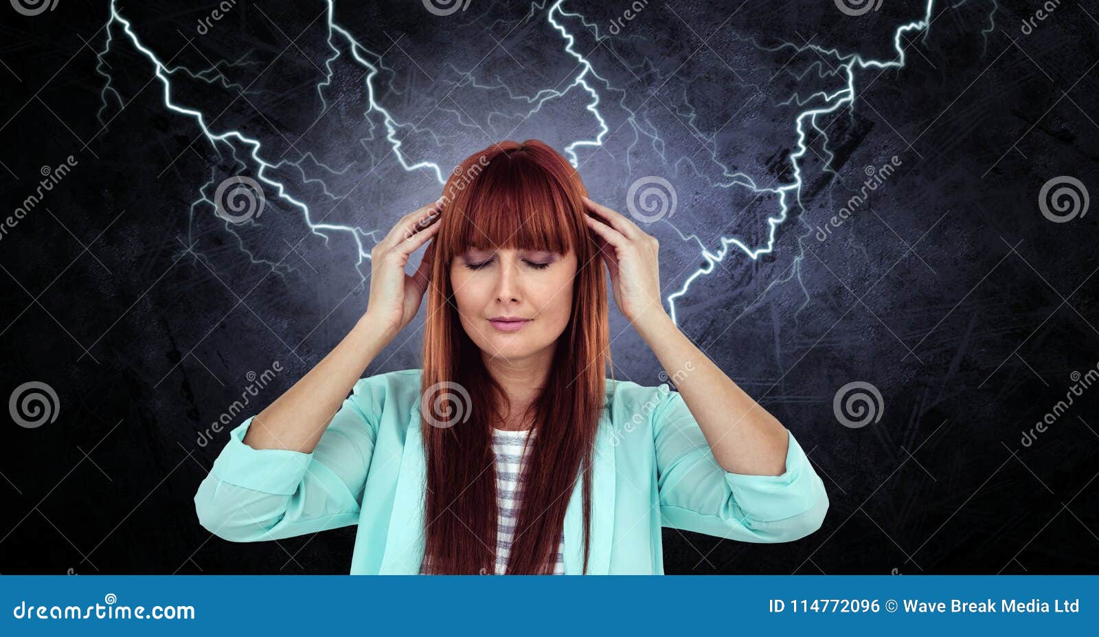 Lightning Strikes and Stressed Woman with Headache Holding Head Stock