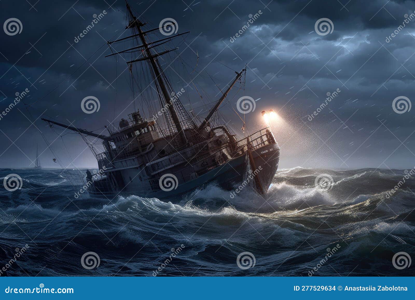lightning striking ship on rough seas. generative ai