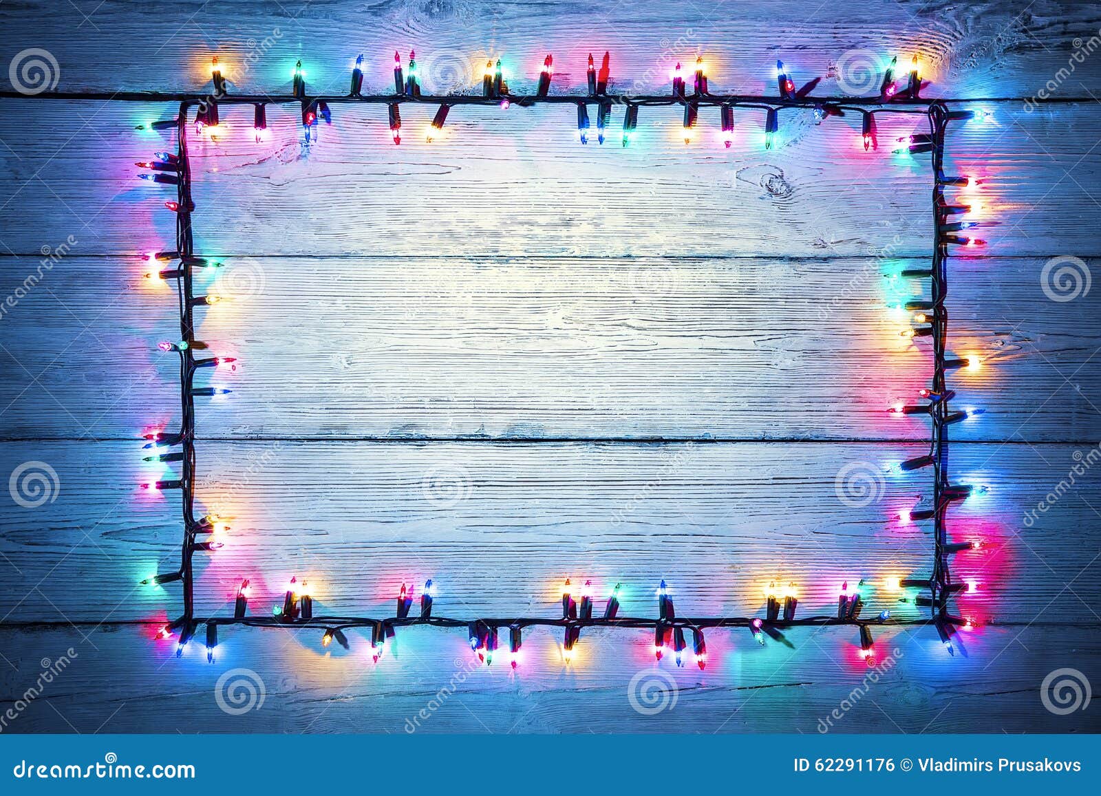 Lights Garland Colorful Wood Frame, Holiday Color Light Sign. Lights Garland Colorful Wood Frame, Christmas Holiday Color Light Sign, Wooden Background