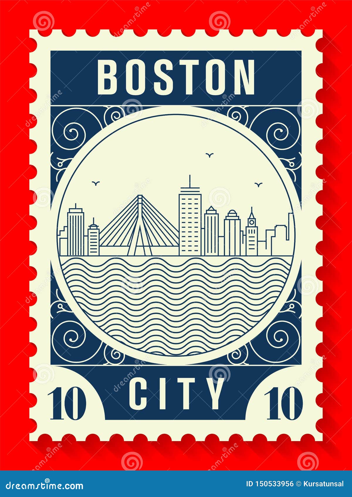 Ligne Conception De Ville De Boston De Timbre-poste De Style Illustration  Stock - Illustration du état, horizon: 150533956