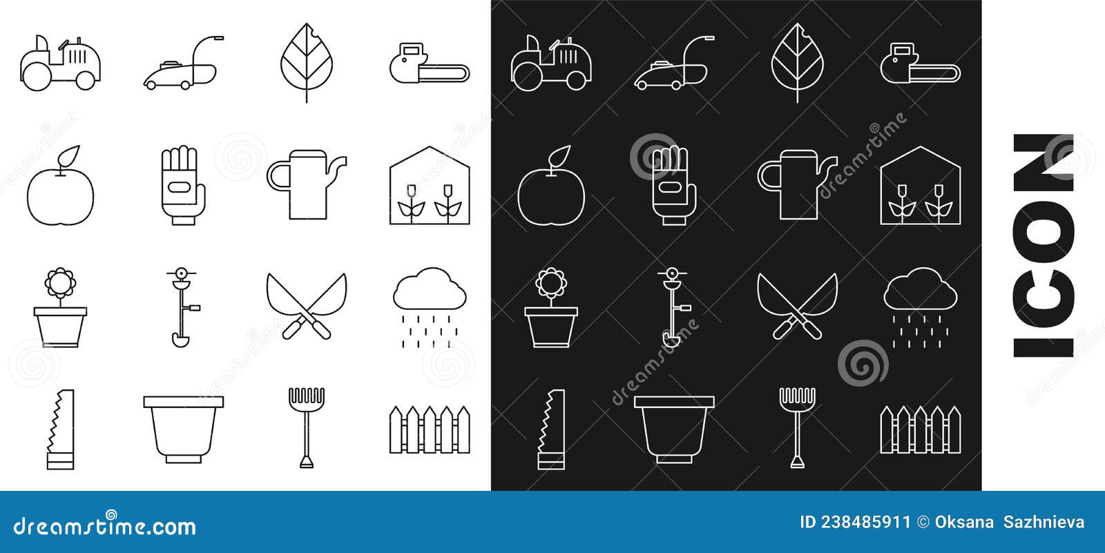 Ligne De Jardin Clôture En Bois Nuage Avec Pluie Maison Serre Et Plantes  Gants Feuille Pomme Tracteur Et Arroseur Illustration de Vecteur -  Illustration du herbe, illustration: 238485911