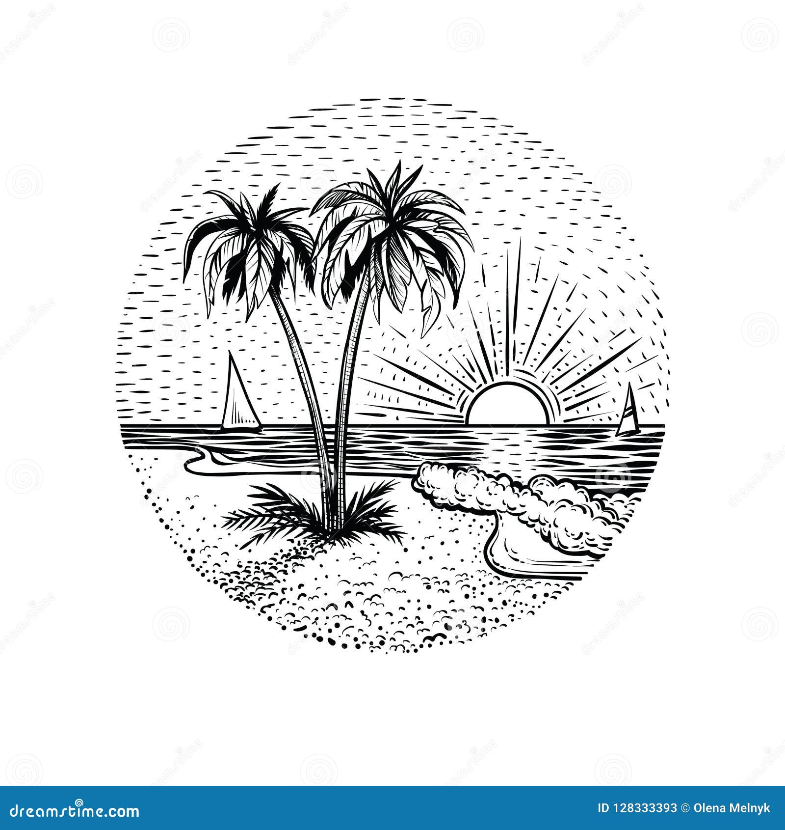 Dessin Coucher De Soleil Noir Et Blanc Ligne Paysage De Plage Avec Des Paumes Et Le Coucher Du Soleil Élément Rond D'emblème, De Carte, De Tatouage Ou De Conception Illustration de Vecteur - Illustration du retrait, élément: 128333393