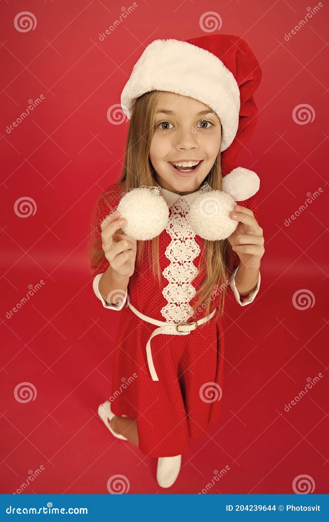 Like Real Snow Balls. Little Santa Hold Christmas Tree Balls. Happy ...