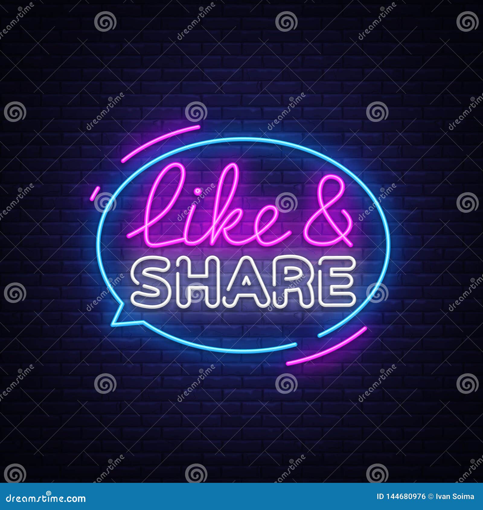 like share neon sign   template. social networks neon text, light banner   colorful modern