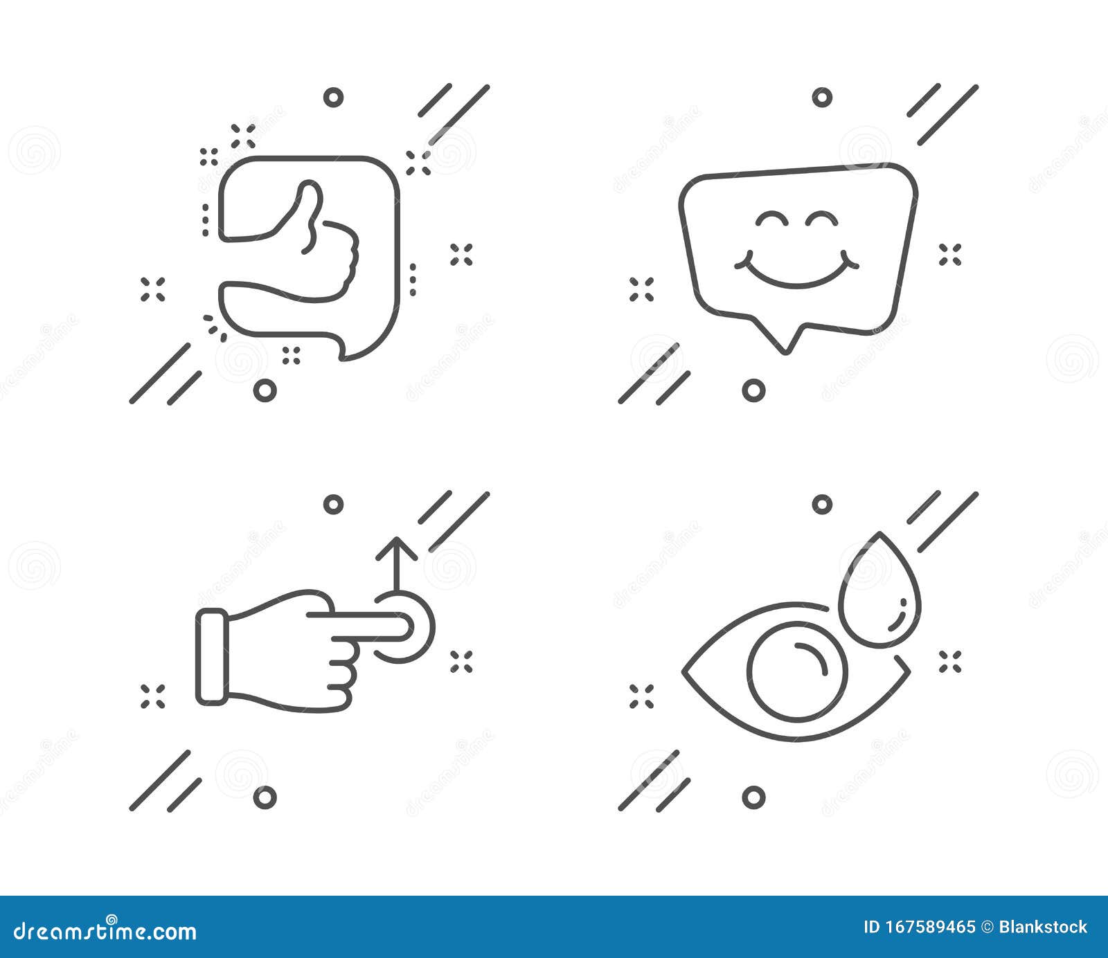 like, smile chat and drag drop icons set. eye drops sign. thumb up, happy face, move. check vision. 