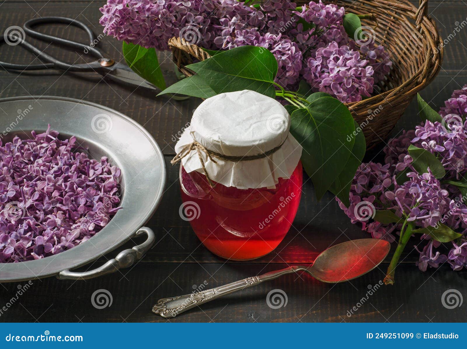 Lilac flowers syrup stock image. Image of dark, board 249251099