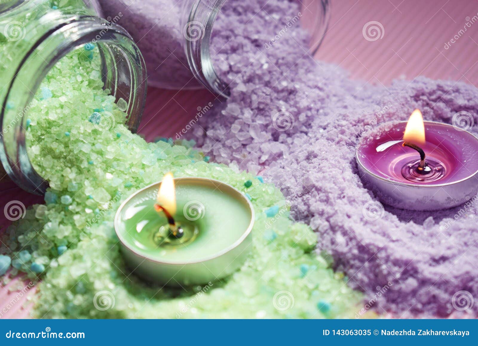 Lilac and Green Bath Salt and Candles. Stock Image Image of lavender