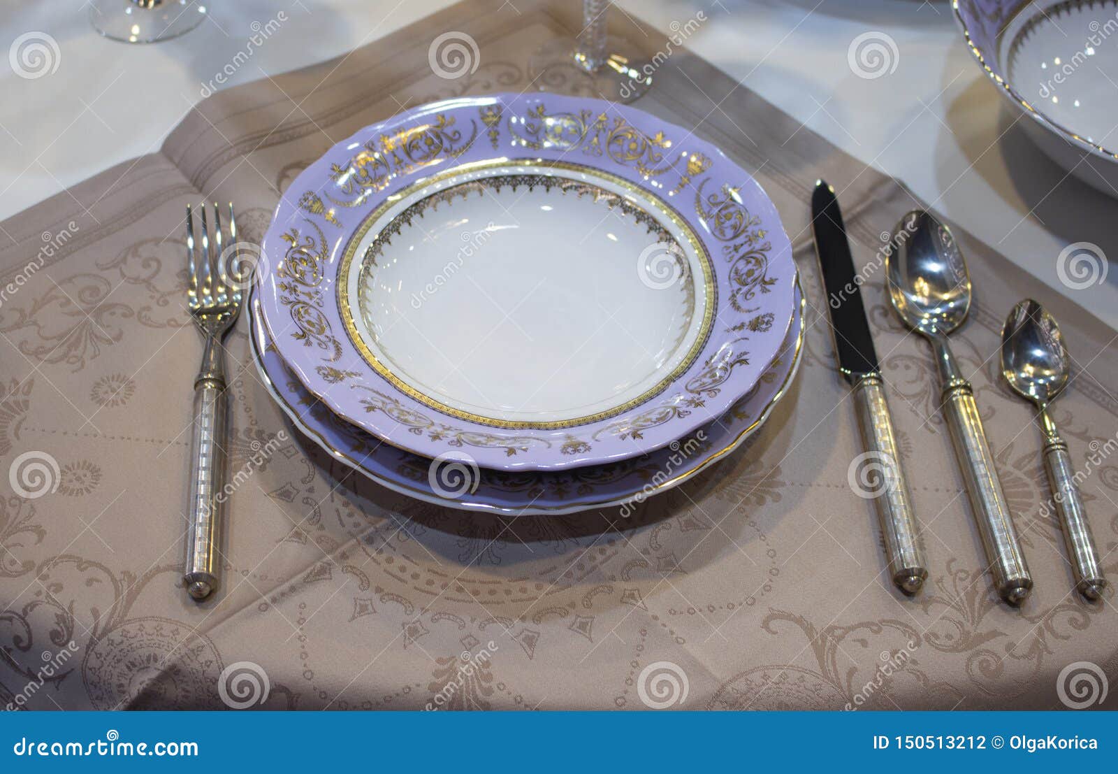 Lilac Purple Plate with Cutlery on a Linen Napkin. Table Setting. Rough ...