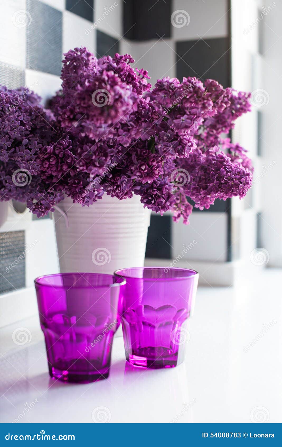 Lilacs in a Vase and Glasses Stock Image Image of decoration