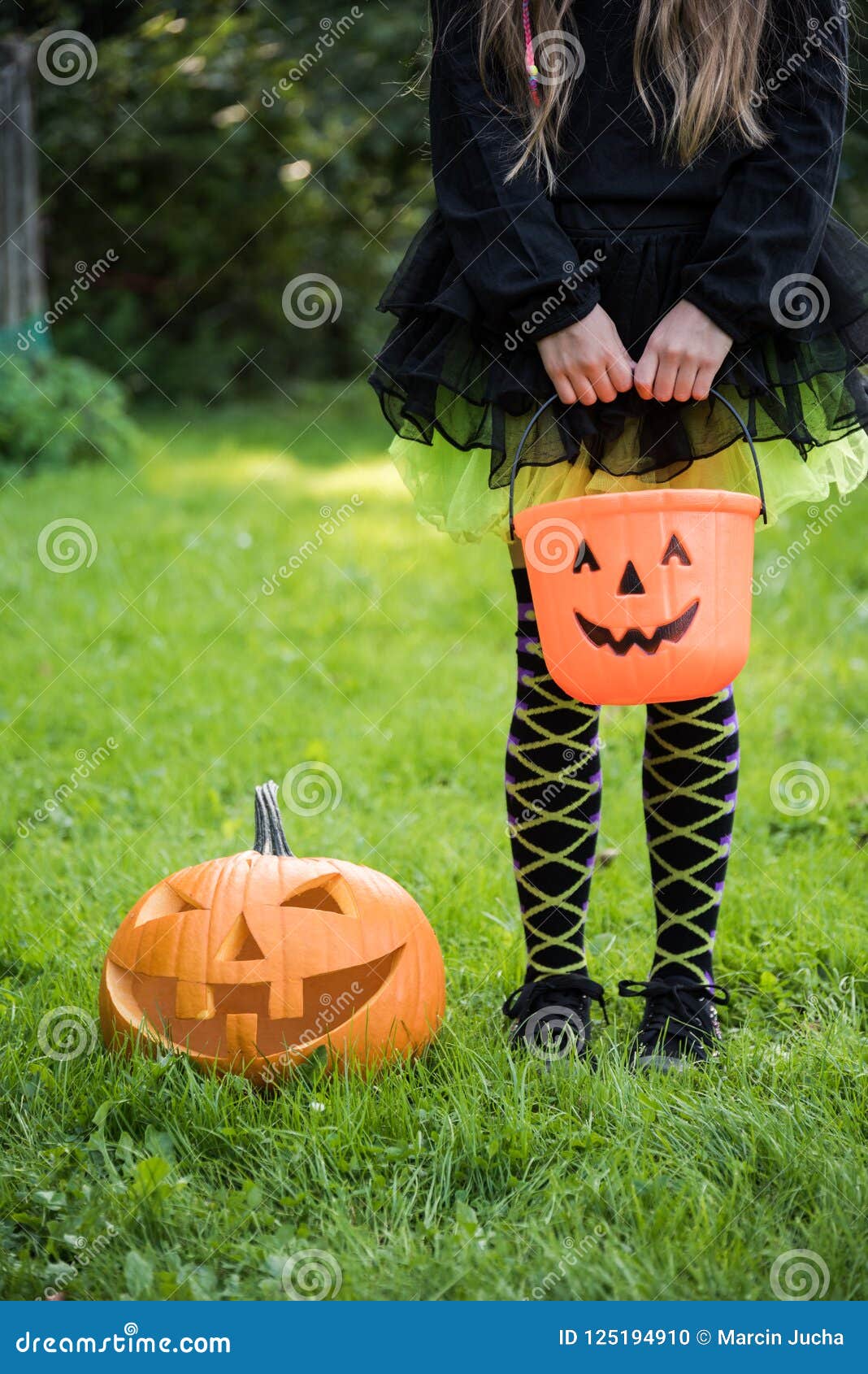 Lillte Girl with Candy Bucket in Halloween Costume Stock Photo - Image ...